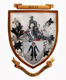 Kotze Family Crest - The coat of arms bears a man with arms outstretched (in silver) in official attire. On the helmet carries a sitting Greyhound with a golden necklace. The motto is “Fortiter en Fideliter”.